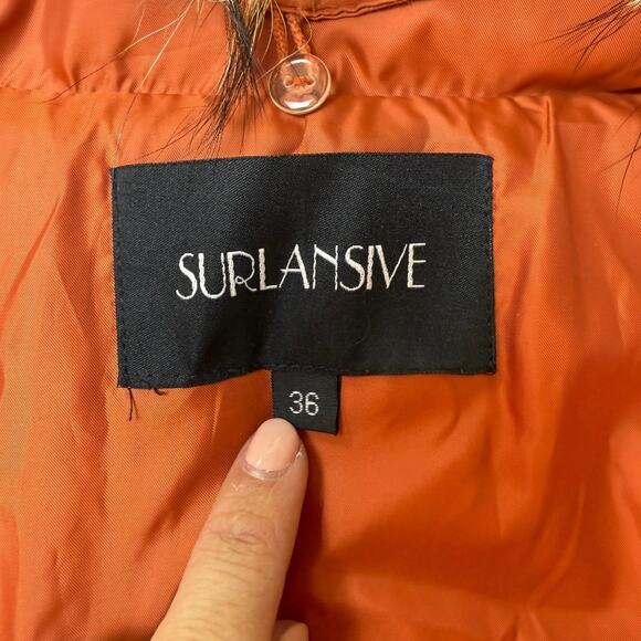 Surlansive Burnt Orange Down Puffer Coat w/ Fur Trim Hood Size 36 Small - Picture 3 of 16
